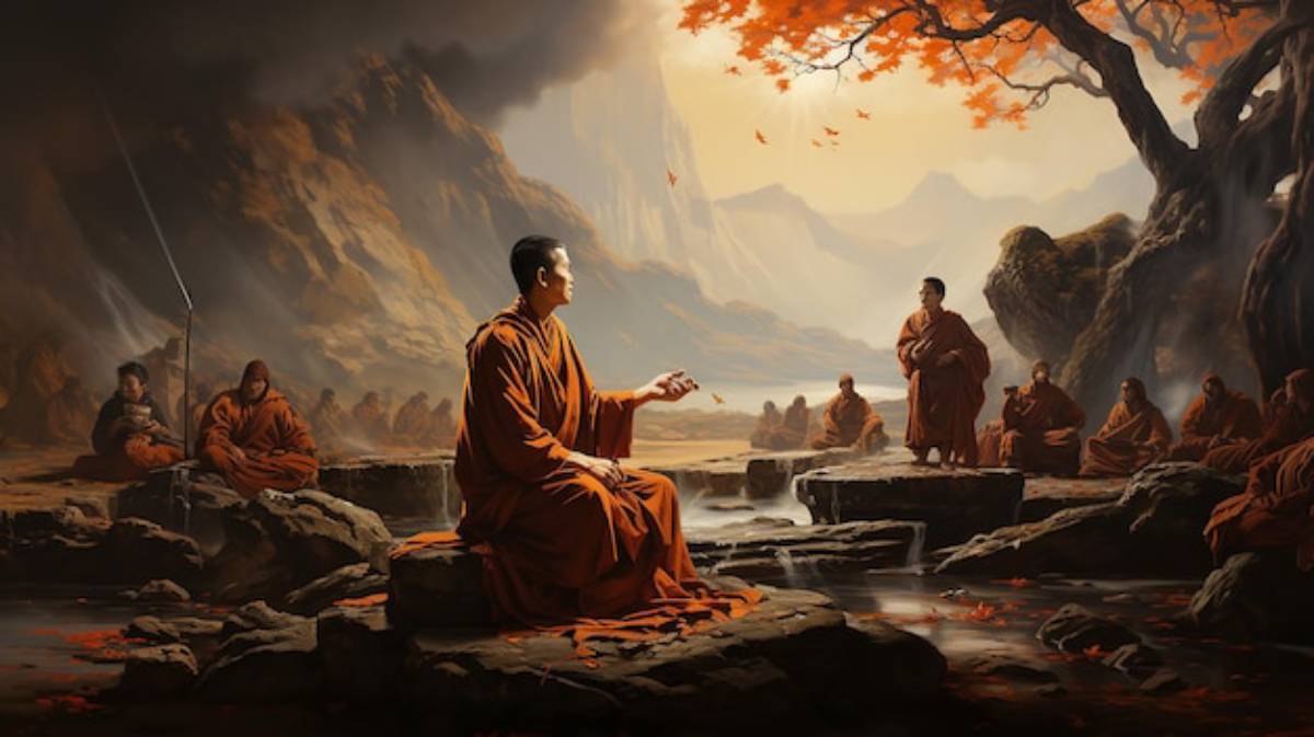A serene gathering of monks in orange robes meditates by a tranquil river, surrounded by autumn trees and majestic mountains.