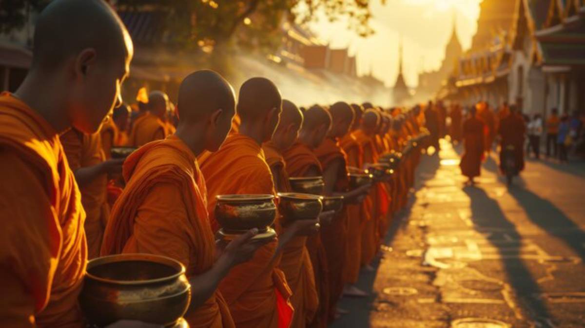 A line of Buddhist monks in orange robes walk along a sunlit street, holding alms bowls amidst a serene morning atmosphere.