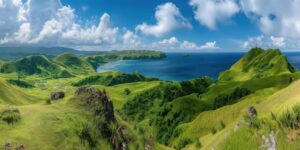 Panoramic view of lush green hills meeting a tranquil blue sea under a bright sky with scattered clouds. A serene natural landscape.
