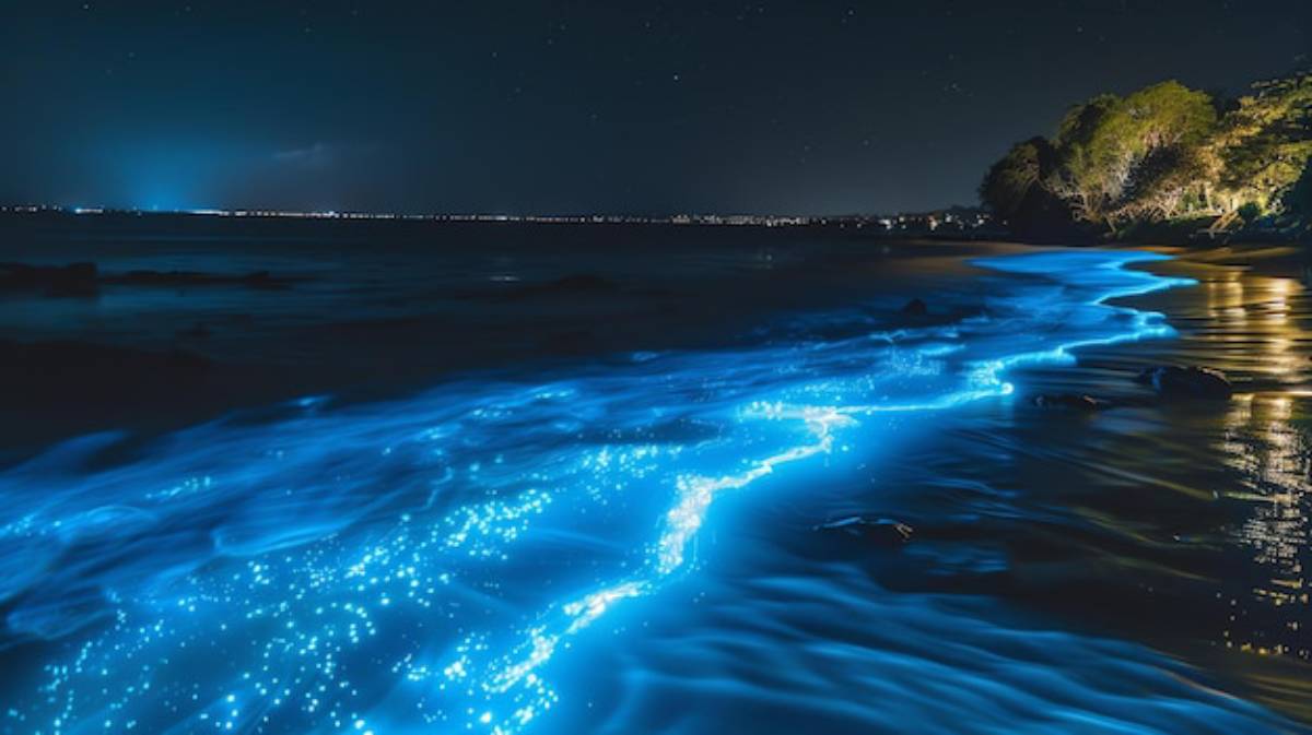 A glowing blue bioluminescent wave gently laps against a dark shoreline under a starry night sky.