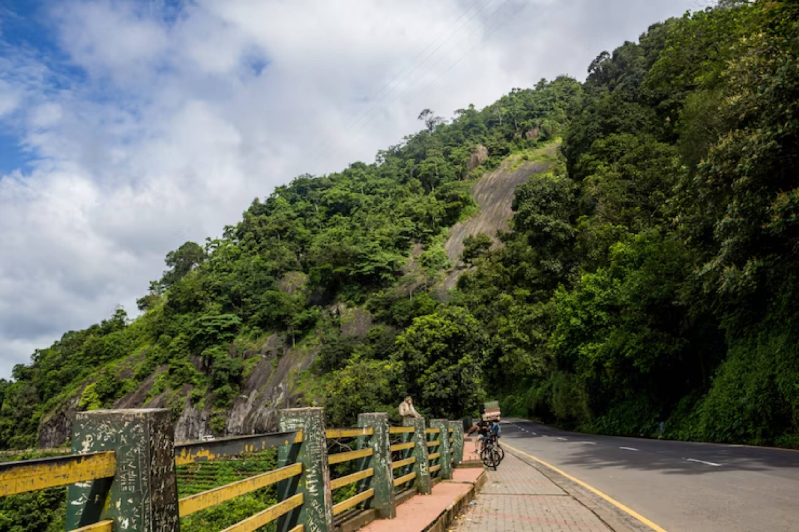 A scenic road lined with greenery alongside a hillside, featuring a wooden fence and a parked bicycle under a cloudy sky.