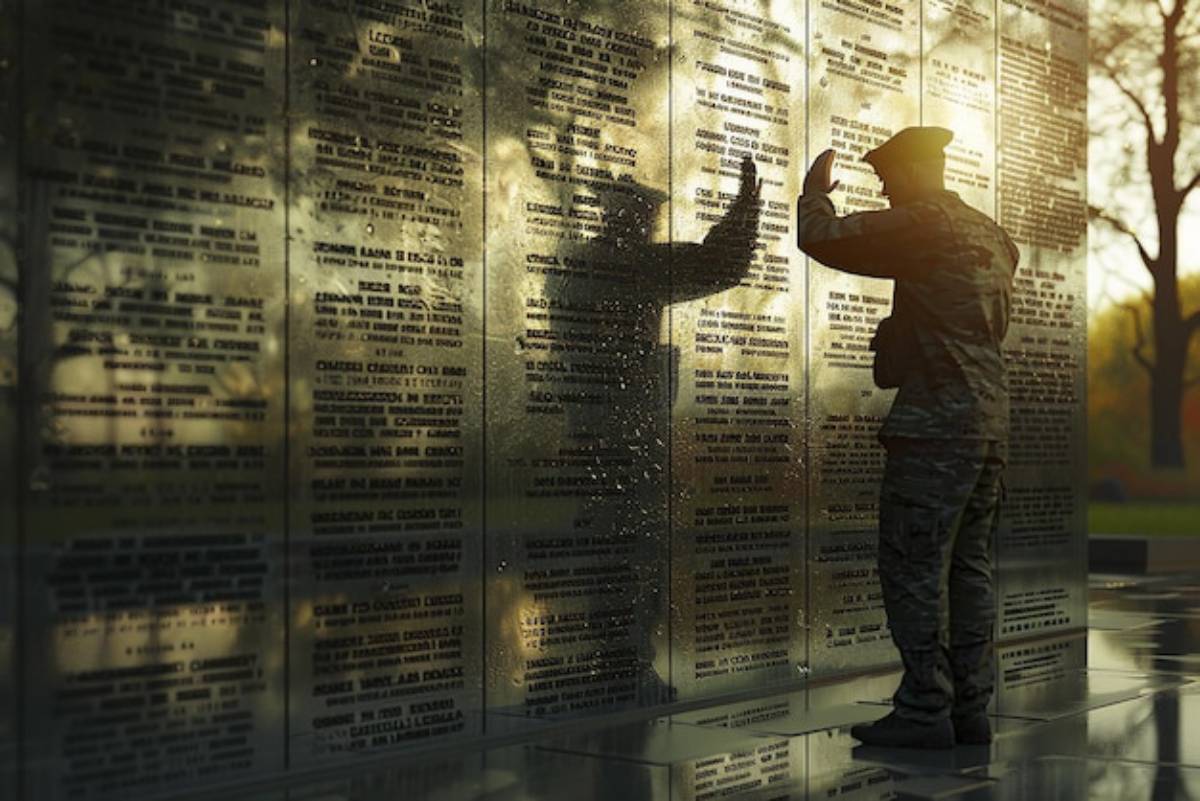 A soldier salutes in front of a memorial wall, reflecting names in honor of fallen comrades amidst a serene, golden-lit setting.