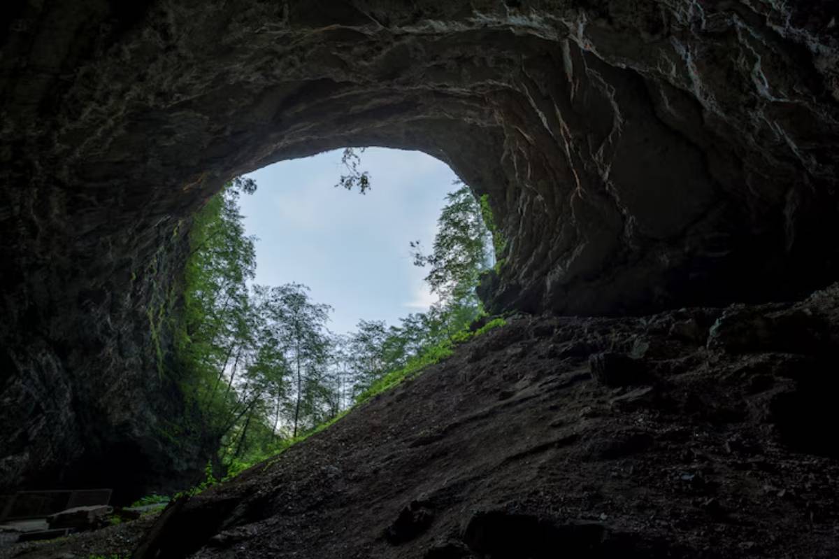 View from inside a cave, showcasing a rocky arch framing a bright sky and lush greenery outside.
