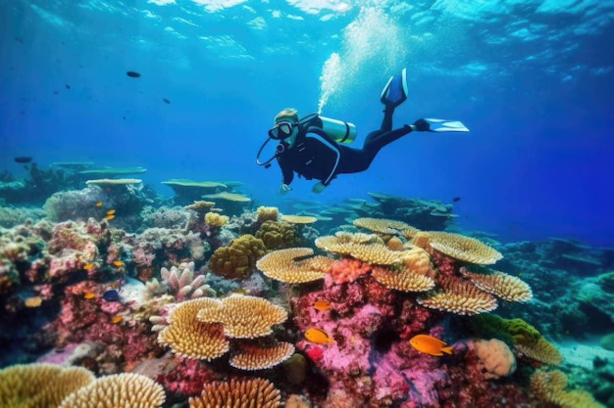 A scuba diver explores vibrant coral reefs teeming with colorful fish in clear blue waters.