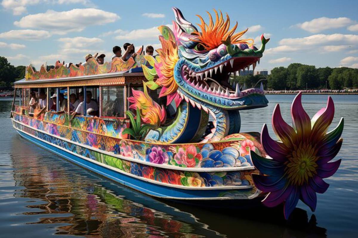 A vividly decorated dragon boat with colorful floral designs glides through calm waters, surrounded by lush greenery under a blue sky.
