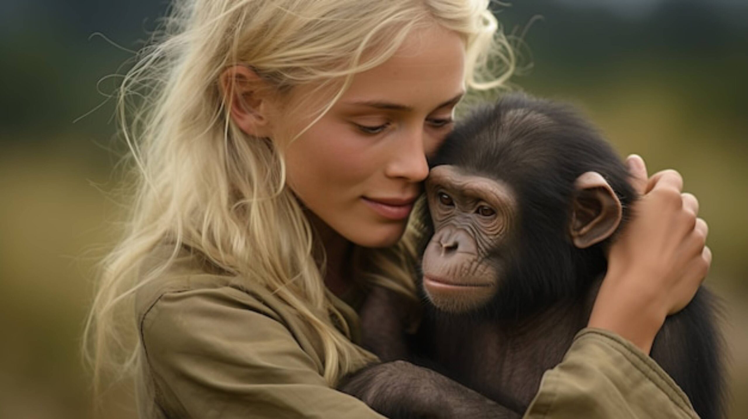A person in a green jacket gently holds a chimpanzee in their arms, surrounded by a natural, blurred landscape.