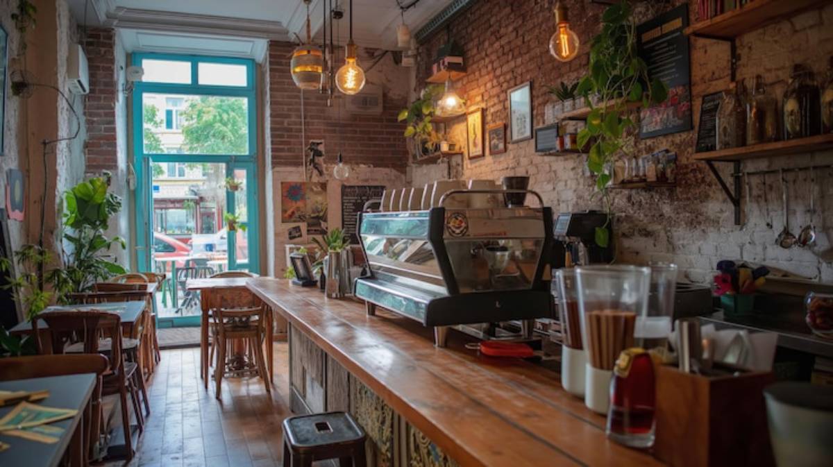 A cozy café interior with wooden counters, greenery, vintage decor, and a espresso machine, brightened by warm pendant lights.