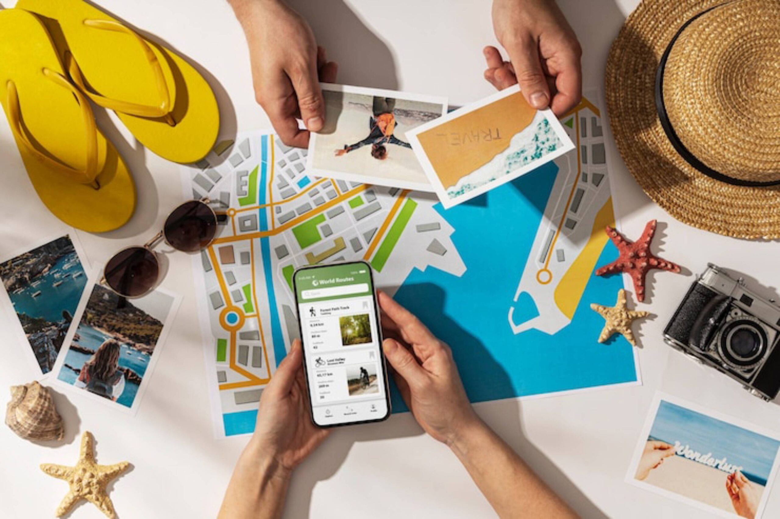 Hands holding postcards and a smartphone displaying travel info, surrounded by a map, sunglasses, flip-flops, and camera on a table.