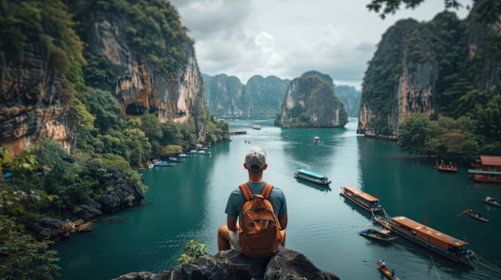 A person with a backpack gazes at a serene bay surrounded by lush cliffs and boats under a cloudy sky.