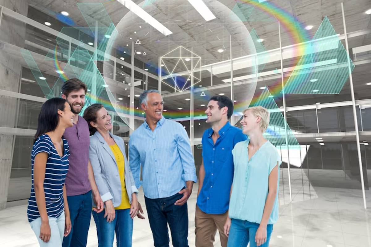A diverse group of six people stand together in a modern, spacious interior, surrounded by digital graphics and geometric designs.