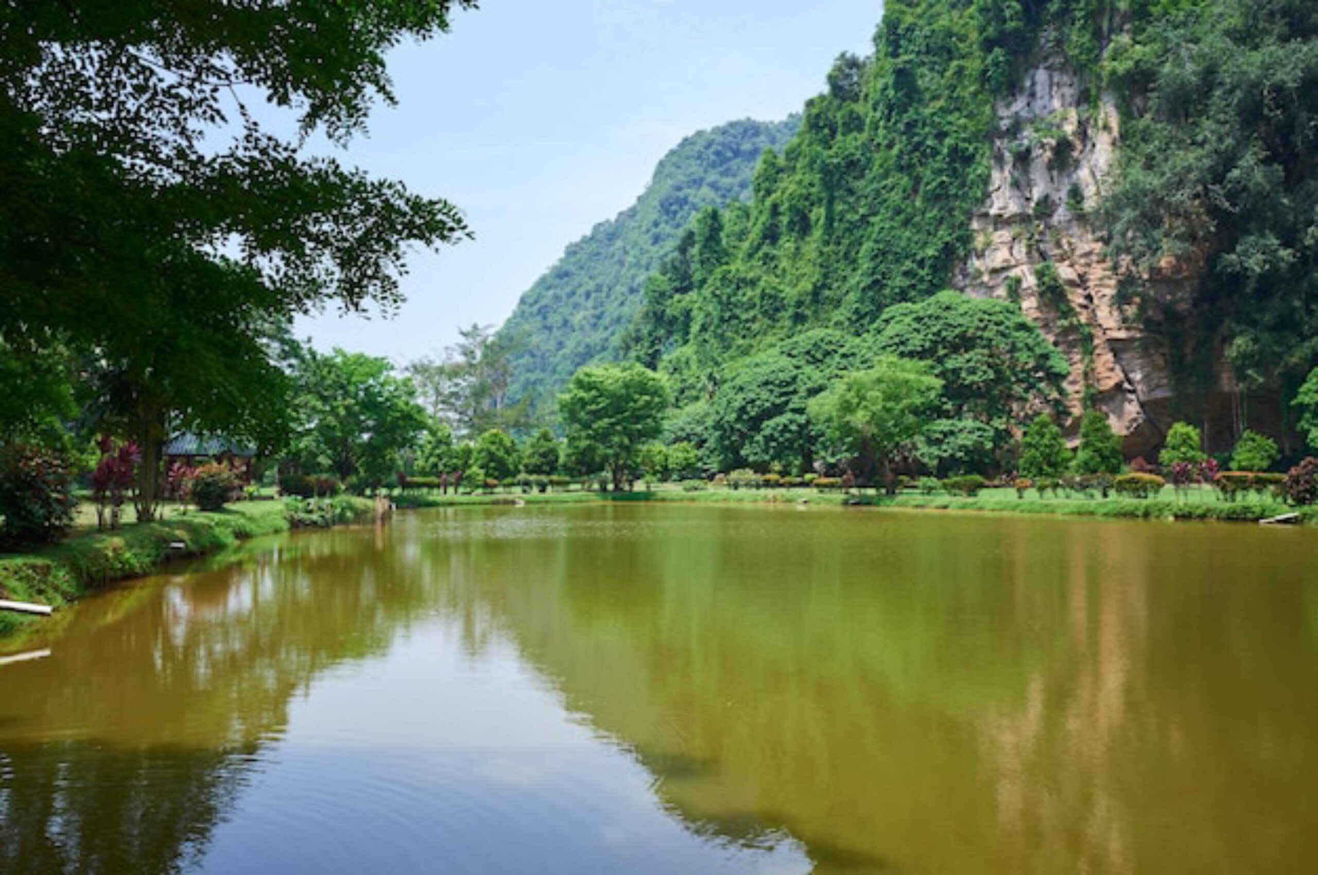 Lush, green landscape reflecting in a tranquil pond, surrounded by vibrant trees and cliffs under a clear sky.
