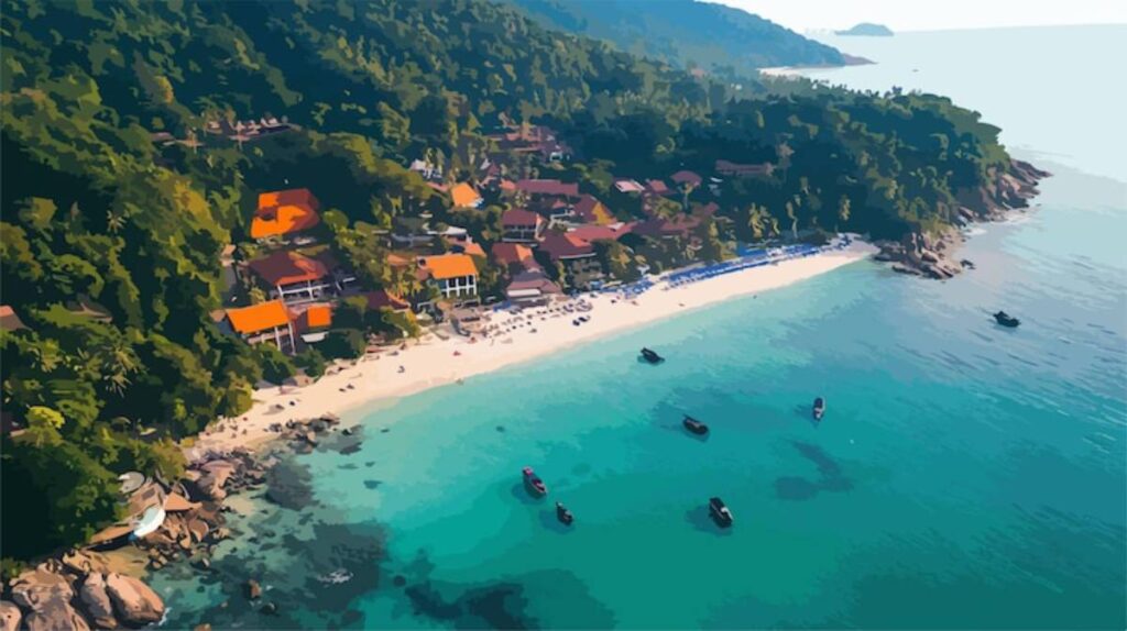 Aerial view of a tropical beach resort with orange-roofed buildings, sandy shore, and boats on clear turquoise water surrounded by lush greenery.