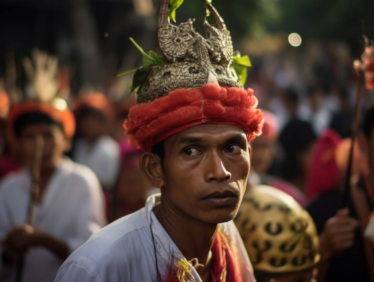 A participant in traditional attire wears a decorative headdress adorned with leaves, surrounded by a vibrant crowd at a cultural event.