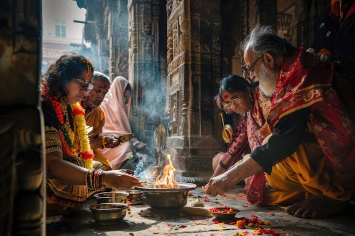 A traditional ceremony being conducted in a temple, featuring individuals offering prayers with fire and flower petals around.
