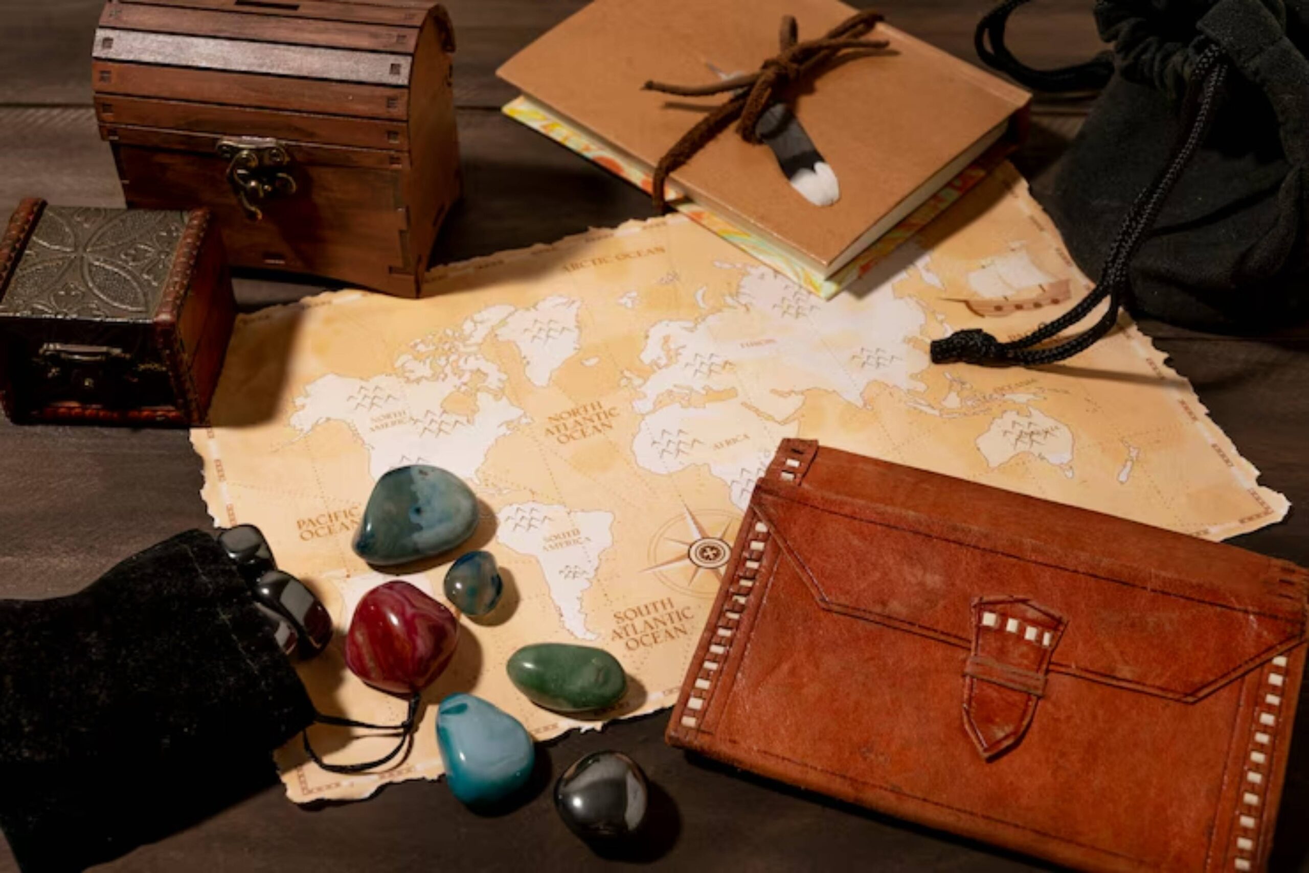 A vintage-inspired scene with treasure chests, a world map, colorful stones, and a leather wallet on a wooden table.