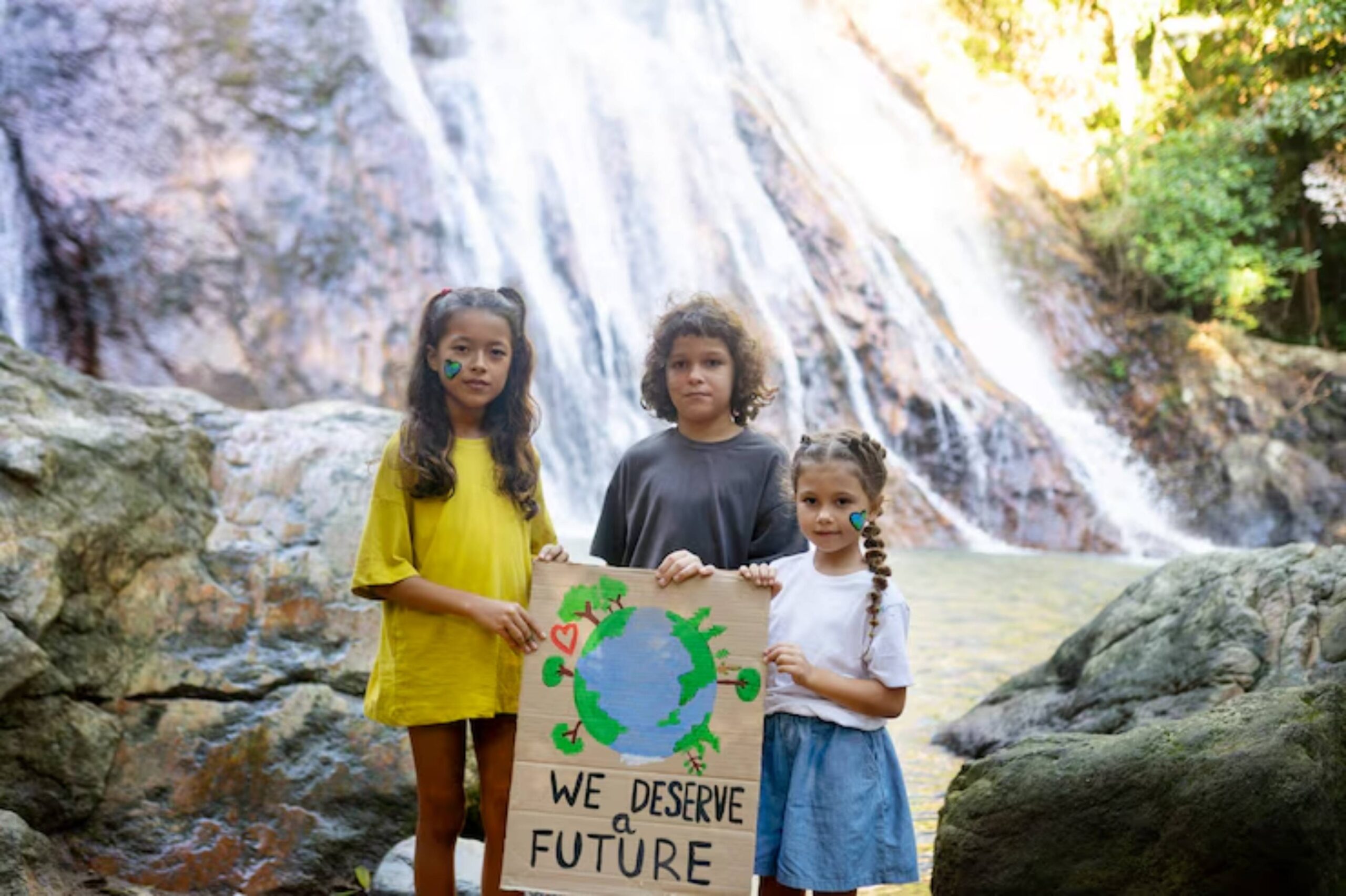Three children stand in front of a waterfall, holding a sign that reads 