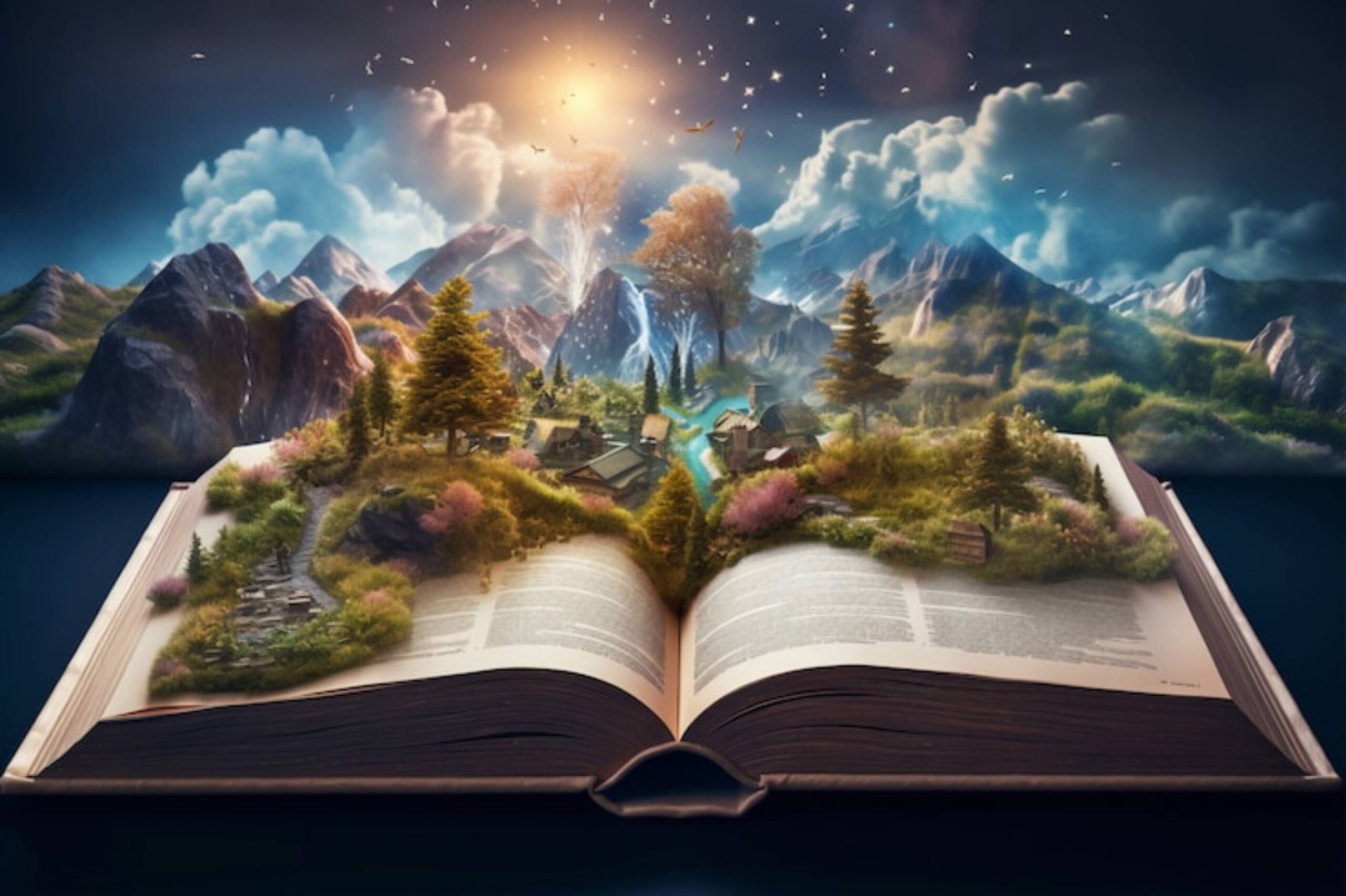 An open book reveals a whimsical landscape with mountains, trees, and a village, illuminated by a magical sunset.