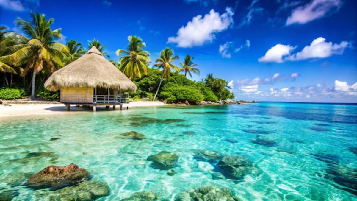 A tropical beachfront with a thatched-roof hut surrounded by palm trees, clear turquoise water, and a vibrant blue sky with white clouds.